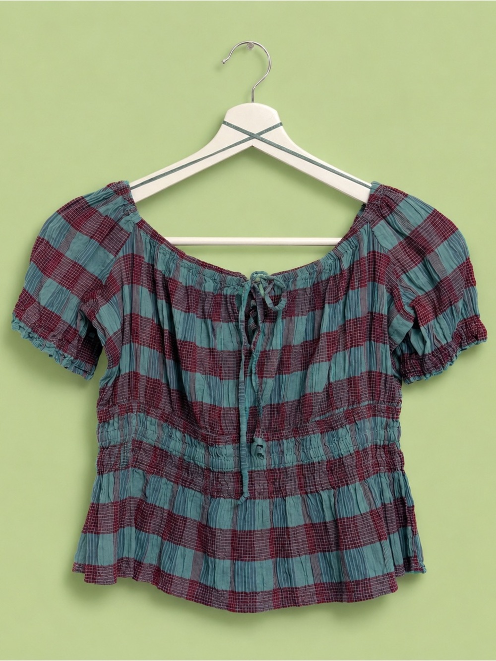 Free People Teal and Burgundy Plaid Peasant Blouse